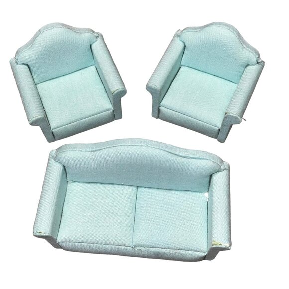 Miniature Dollhouse 1:12 Sofa & Armchairs Set Aqua Blue Fabric Wooden Peg Legs 3 - Picture 1 of 2